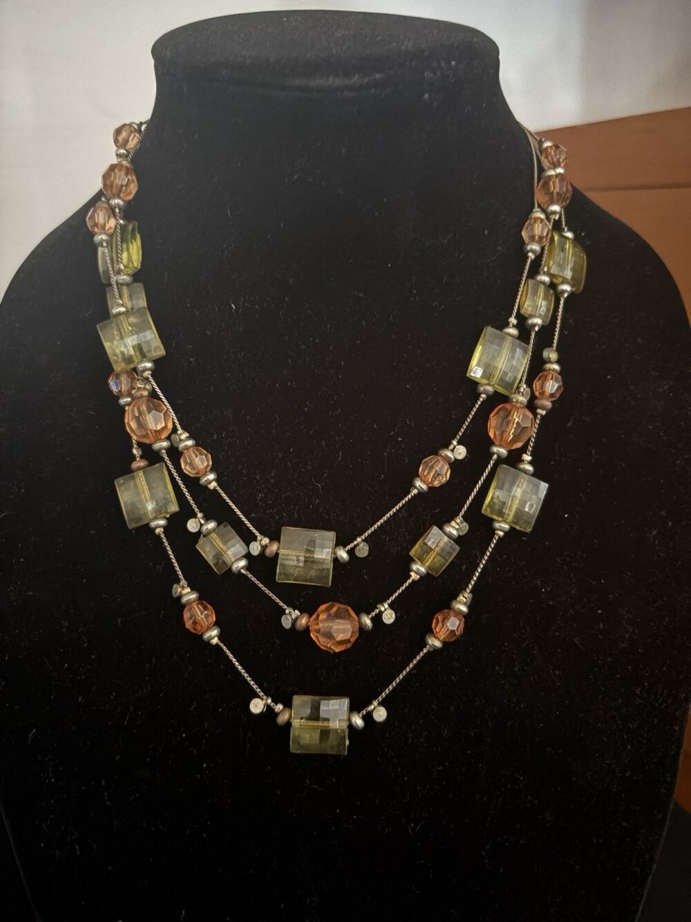 Layered Necklace Multi Strand Beaded Olive Peach Brass Color Chain Square 18 In